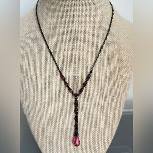 Givenchy Black Chain Pink Rhinestone Lariat Crystal Necklace